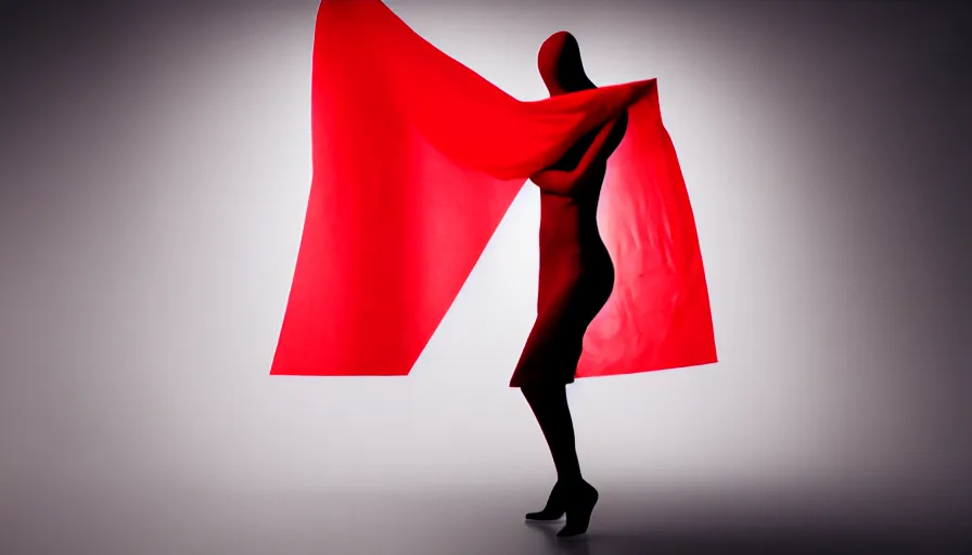 Image similar to fashion photograph of invisible figure wrapped in red sheet in darkness, high contrast, hard light, digital art, rendering, cloth simulation, redshift