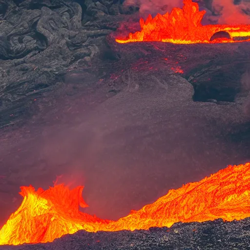 Image similar to old man sunbathing on a volcano, eruptions and lava on the ground, steam and thick sulfuric smoke, molten rocks, magma