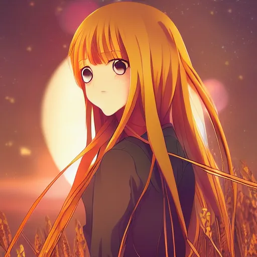 Image similar to anime illustration of Holo from Spice and Wolf standing in a wheat field at sunset, Holo if a wolf girl, high detail, trending on pixiv