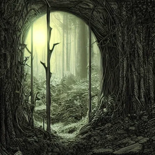 Prompt: door to another world in a forest, Michael Whelan, artstation, Martin McKenna, pen and ink, black and white