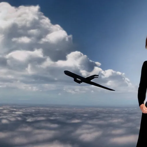 Image similar to Emma Watson flying in the clouds next to an airliner, full body shot