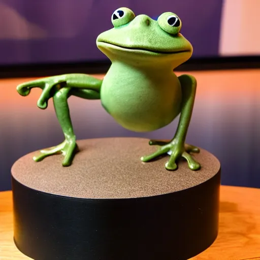 Prompt: a small frog standing on two feet at the hotel reception entry, claymation, aardman animation