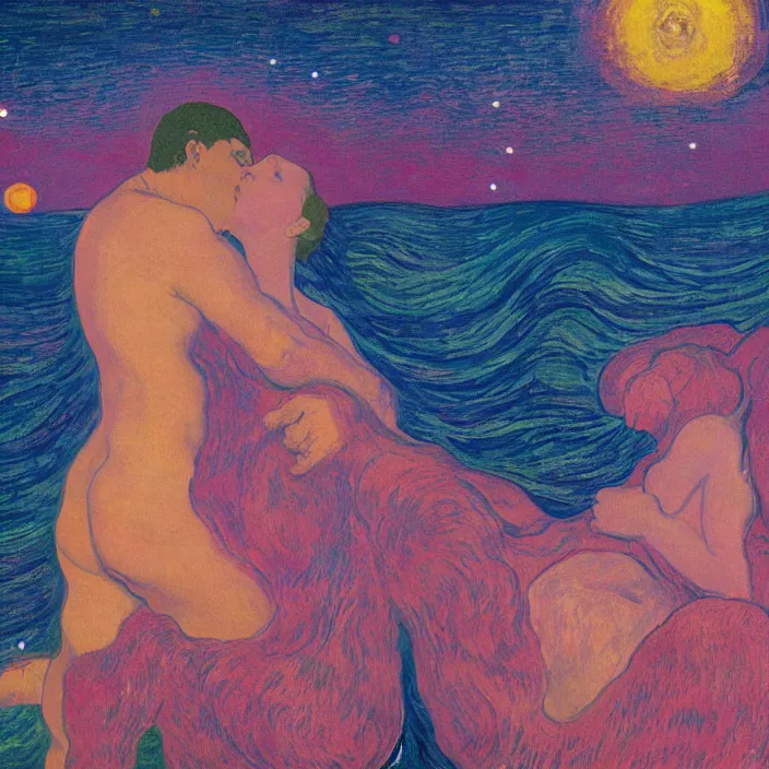 Prompt: close view of woman and man kissing. tsunami great wave, night with stars. iridescent, vivid psychedelic colors. painting by munch, rene magritte, felix vallotton, agnes pelton, egon schiele, henri de toulouse - lautrec, utamaro, monet