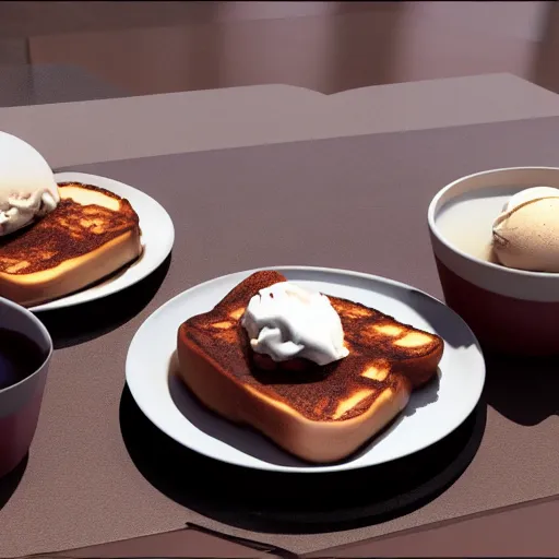 Prompt: french toast and ice cream, 8 k, volumetric lighting, light caustics, photorealistic, cinematic