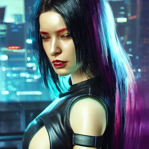Prompt: An epic comic hyperrealistic 3/4 body shot portrait illustration of a cyber warrrior girl wearing futuristic wardrobe, black and reddis, ultradetailed face expression trending on artstation and artbreeder, cyberpunk 2077 color, heavy rainning at tokyo night, neon light rooftop, unreal 5, DAZ, 8k, unreal 5 engine render, cosplay, RPG portrait, final fantasy Vll world concept, dramatic lighting, rim lights, PS5 render quality