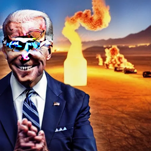 Prompt: photo of evil Joe Biden attending burning man with ecofeminist Donald Trump, photorealism, extremely detailed, soft lightning, playa, HD