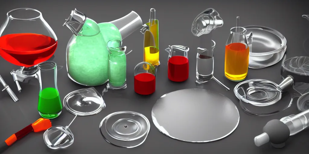 Image similar to instruments being used to mix chemicals, scientist, blender, 3d, apartment