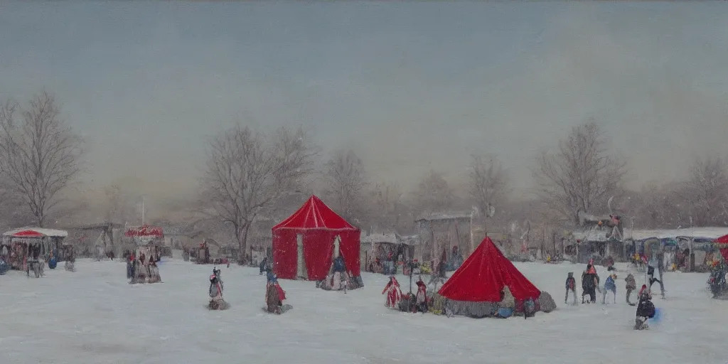 Prompt: a big circus in the snow ground, oil painting, red and white color, no people