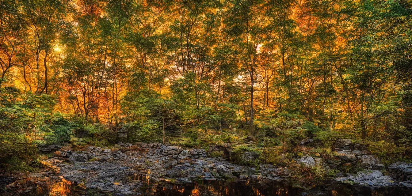 Prompt: stone cottages underneath a dense tall forest, pristine ponds. hopeful environment of bodyscapes. fine painting intricate brush strokes, bright depth oil colors. 2 8 mm perspective photography by araken alcantara. intense promiseful happiness, autumn sunrise warm hdri forest light