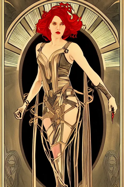 Prompt: a dramatic ethereal epic painting of Black Widow | tarot card, art deco, art nouveau, realistic | dramatic lighting | by Dresden Codak, by Mark Maggiori and Alphonse Mucha | trending on artstation