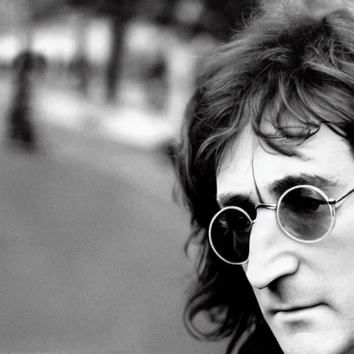 Prompt: john lennon looking down a sniper rifle, city background, photography, high quality, 8 k,