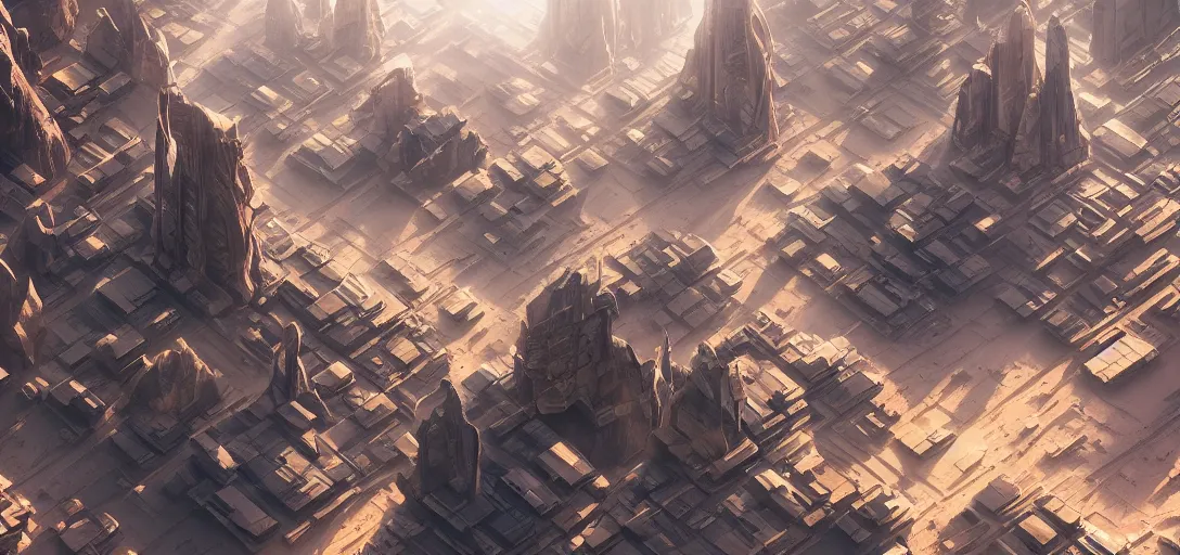 Image similar to striking view of a futuristic desert city, rock formations in the background, light rays, symmetry, cinematic lighting, ultra detailed, sharp, ambient occlusion, bloom, raytracing, by dylan cole, sebastian meyer and jordan grimmer