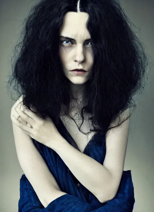 Prompt: portrait photograph of the most beautiful woman with a long dark blue hair, blue eyes, stern expression, lorenzo agius, alessio albi