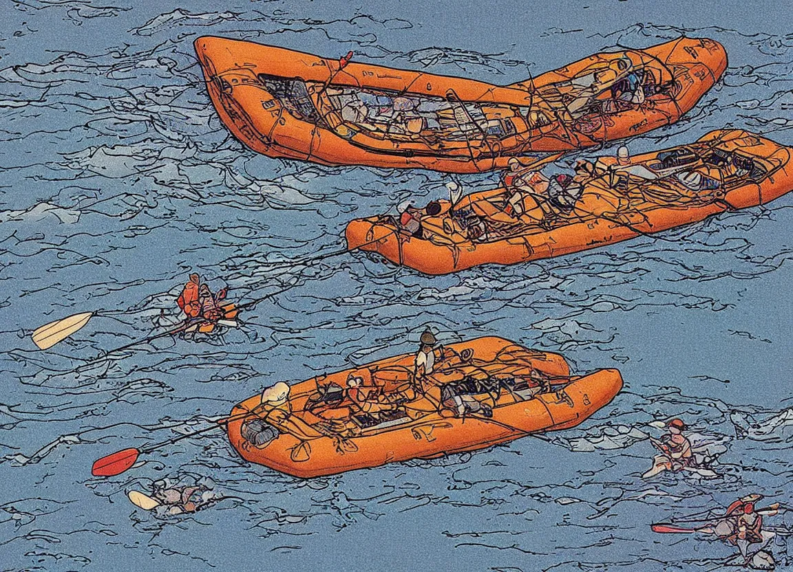 Prompt: a river raft floating down a river by moebius