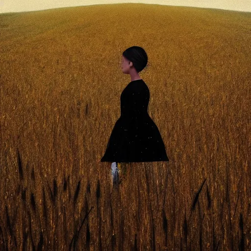 Prompt: giant black daisy flower face, girl walking in wheat field, hills, surreal photography, dark night, star trails, dramatic light, impressionist painting, clouds, digital painting, artstation, simon stalenhag