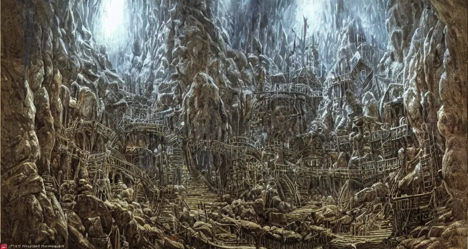 Image similar to Masterfully drawn mspaint art piece of middle-earth's 'Mines of Moria' by James Gurney. View from underground within ancient dwarven mining equipment and architecture. Amazing beautiful incredible wow awe-inspiring fantastic masterpiece gorgeous fascinating glorious great.