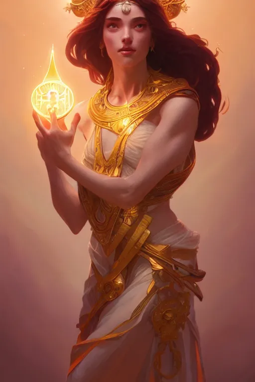 Prompt: goddess of light. accurate anatomy, only two hands, highly detailed, digital painting, artstation, concept art, smooth, sharp focus, illustration, Unreal Engine 5, 8K, art by Ross Tran and greg rutkowski and alphonse Mucha