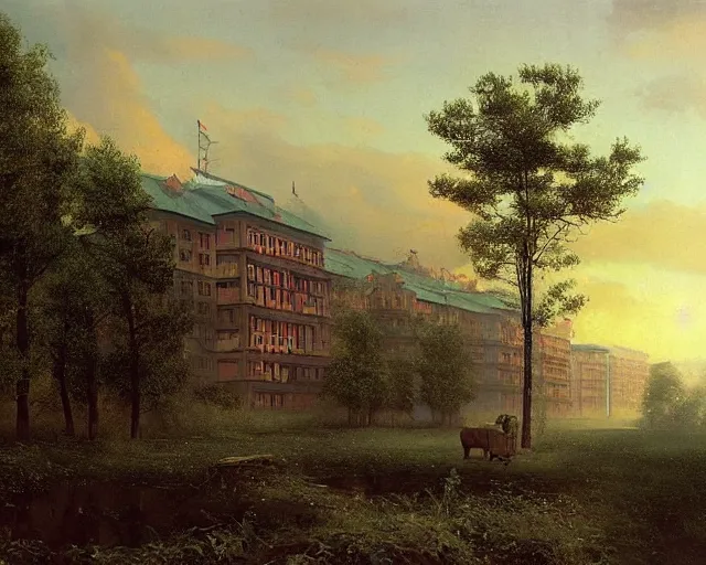 Image similar to beautiful matte painting of cute soviet block of flats hrushevka in end of forest by ivan shishkin and aivazovsky