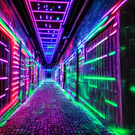 Prompt: labyrinth of daedalos, wide angle, neon cyberpunk style, glowing lights