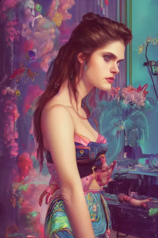 Image similar to alexandra daddario portrait of a vaporwave girl in a cluttered 9 0 s bedroom, by artgerm, tom bagshaw, gerald brom, vaporwave!, vaporwave colors!, lo fi colors, lo fi, 4 k, hd,