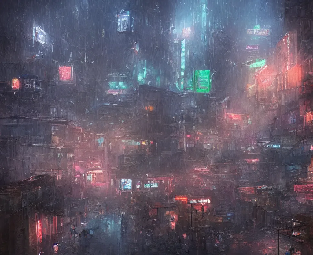 Prompt: the city of kathmandu in a dystopian future, rainfall, night, neon lights, concept art, highly detailed, cinematic, from far away