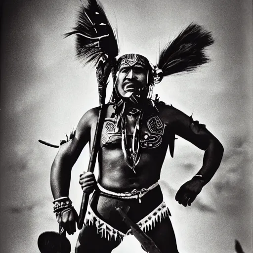 Image similar to Maori warrior during ancient extreme sports by david lachapelle, old photo, black and white, vintage