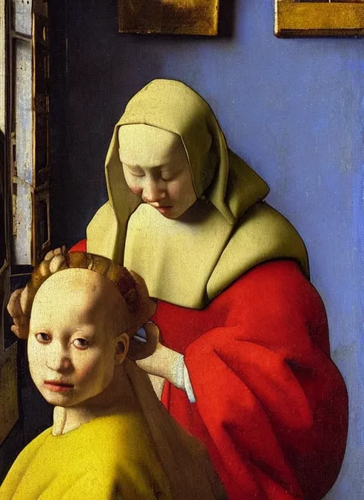 Image similar to paints, brushes, medieval painting by jan van eyck, johannes vermeer, florence