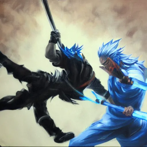 Image similar to yasuo vs yone, oil paint