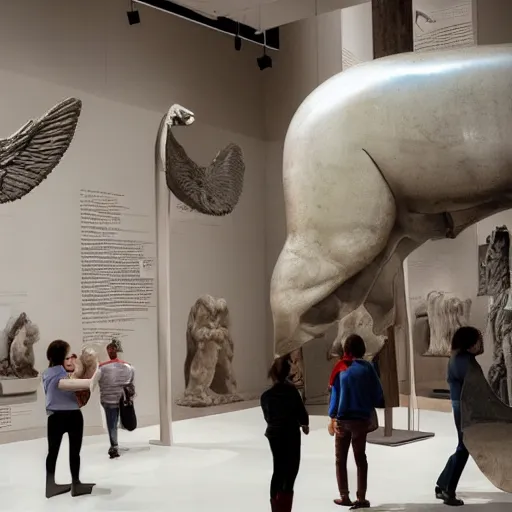 Image similar to visitors in museum amazed by the sculpture of a winged pig, 9 0 - s