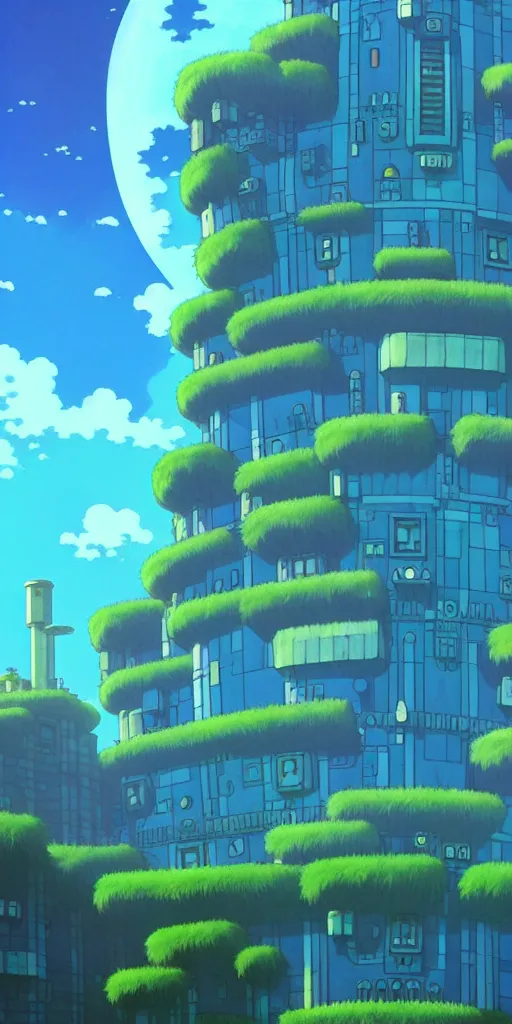 Image similar to a huge blue tiled apartment building of howl's moving castle ghibli, by vincent di fate nausicaa, ghibli, breath of the wild, epic composition, green plants