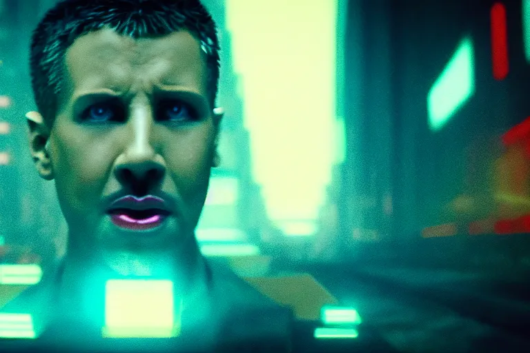 Image similar to hologram of a screaming face dominates the background photography by fred palacio medium full shot still from bladerunner 2 0 4 9, sci fi, bladerunner, canon eos r 3, f / 3, iso 2 0 0, 1 / 1 6 0 s, 8 k, raw, unedited