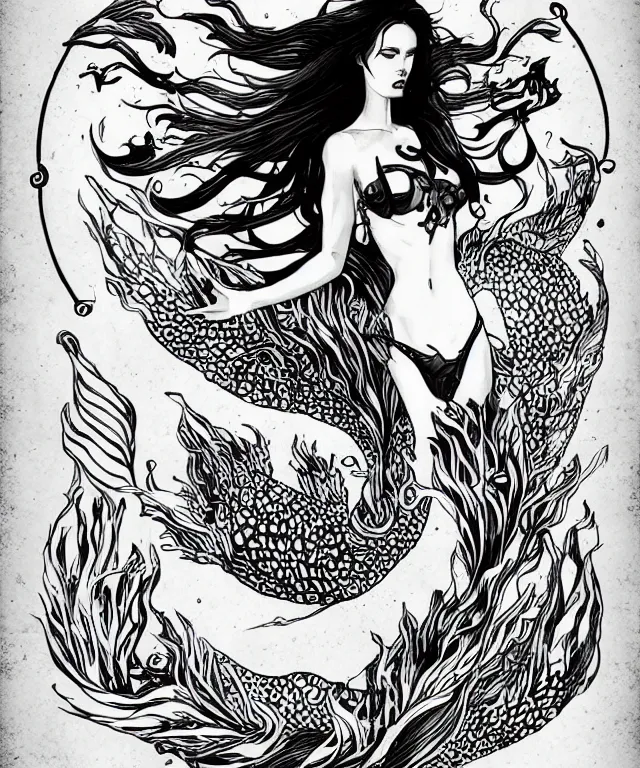 Image similar to black and white illustration, creative design, dark fantasy, tattoo design, beautiful mermaid, full body, swimming in ocean, fish tail bikini top flowing hair