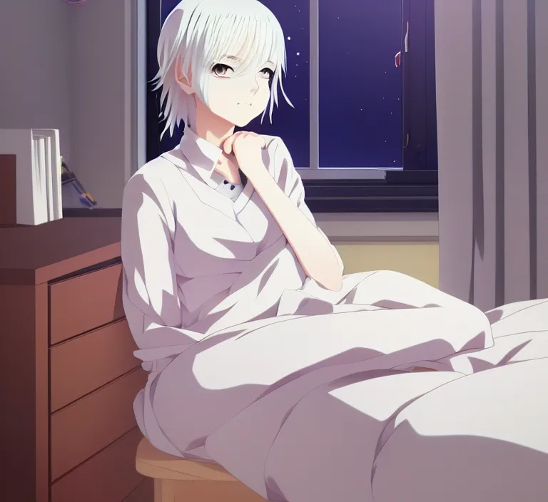 Image similar to anime visual, a young woman with white hair in her bedroom studying, cute face by ilya kuvshinov, yoshinari yoh, makoto shinkai, katsura masakazu, dynamic perspective pose, detailed facial features, kyoani, rounded eyes, crisp and sharp, cel shad, anime poster, ambient light