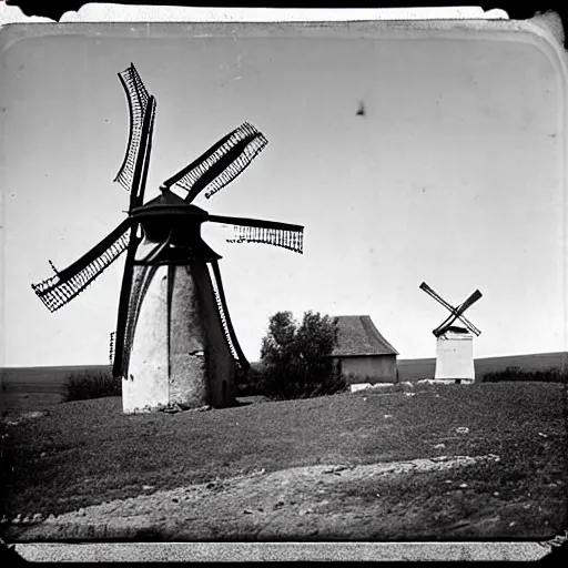 Image similar to worshippers dressed in robes belonging to the cult of the windmill. Dilapidated 1800s windmill. Old windmill. 1800s photo.