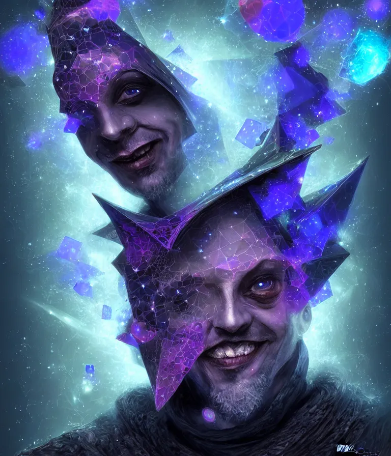 Prompt: front!!! shot of a court jester!!! character, mesmerizing ((fractal)) hypercubes, dark holography!!!, future, metallic nebula, crystalline edges, polygonal, elegant, highly detailed, centered, (((artstation, concept art, jagged, sharp focus, artgerm, Tomasz Alen Kopera, Peter Mohrbacher, donato giancola, Joseph Christian Leyendecker, WLOP, Boris Vallejo))), ((raytracing)), mugshot!!!!!, ugly!!!!!!, octane render, nvidia raytracing demo, octane render, nvidia raytracing demo, octane render, nvidia raytracing demo, 8K