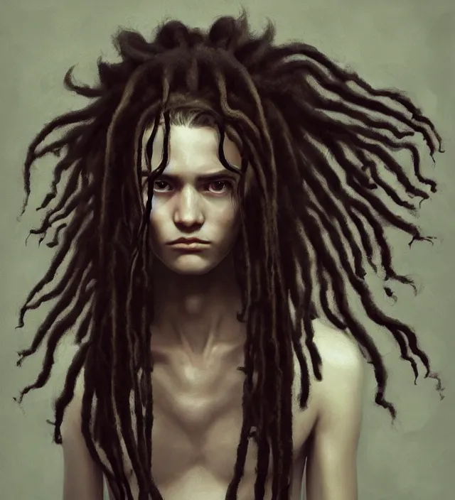 Prompt: portrait of shy teenage fantasy witch, grzegorz rutkowski, symmetry, deep dark forest, dramatic lighting, moody, directional lighting, awkward, intelligent, contemplative, gorgeous dreadlocks in hair, volumetric lighting, symmetrical face, pale girl, nervous, art by alasdair gray, brown hair, hazel eyes, trending on artstation