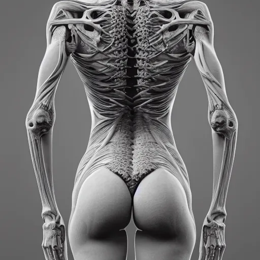 Image similar to concept of a detailed and intricate design of the back of full female anatomy wrapped in bone texture, 3d design, great finesse organic hyper detailed, engineering blueprints, stained paper, hyperrealistic, ultra detailed, 4K, octane render, unreal engine