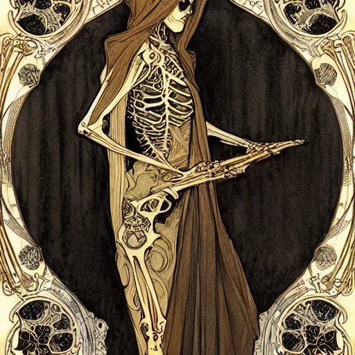 Image similar to a skeleton in a black cloak, highly detailed, very intricate, art nouveau, gold filigree, left right symmetry, tarot concept art watercolor illustration by mandy jurgens and alphonse mucha and alena aenami, featured on artstation