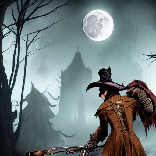 Image similar to an ultradetailed animation of the hunter from bloodborne dressed as darkwing duck, let's get dangerous, in the style animation of darkwing duck, digital art, dark fantasy, concept art, soulslike, by alphonse mucha, blood moon eclipse, wherewolves in a ruined building in the background, artstation, 8 k, unreal engine render