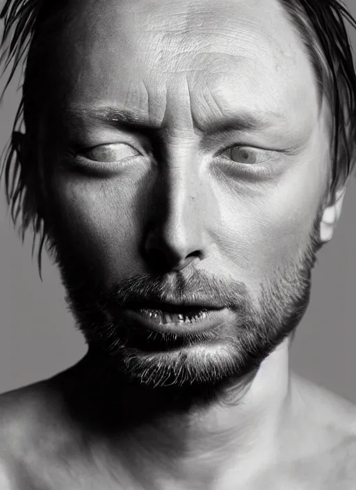 Image similar to a portrait of thom yorke from radiohead in kiss style makeup, realistic, photograph, high definition, 4 k, soft lighting