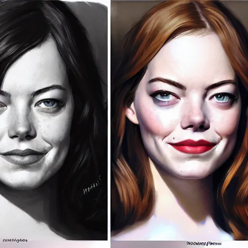 Image similar to face portrait : left - half of face is is sad emma stone, right - half of face is smiling emma stone, fine details, realistic shaded lighting poster by greg rutkowski, magali villeneuve, artgerm, jeremy lipkin and michael garmash and rob rey