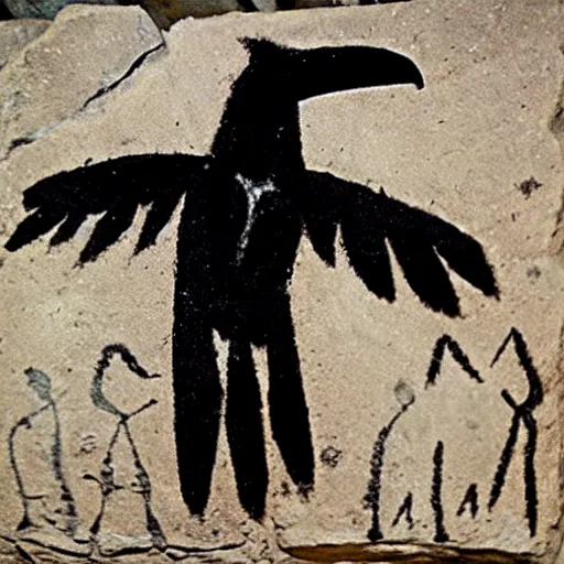 Prompt: raven - shaman, prehistoric cave painting