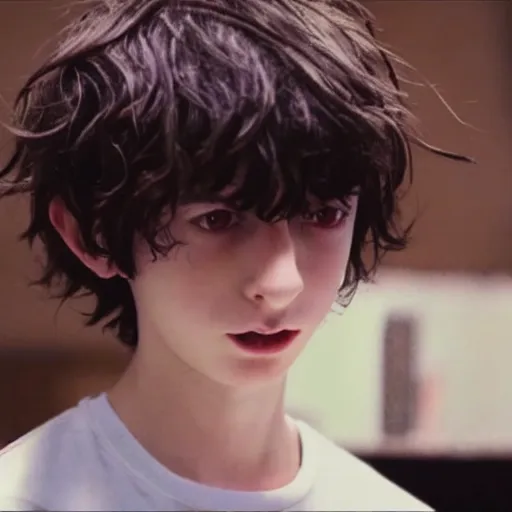 Prompt: a screenshot of finn wolfhard in death note ( the anime ) ( 2 0 0 6 ), anime, vhs quality
