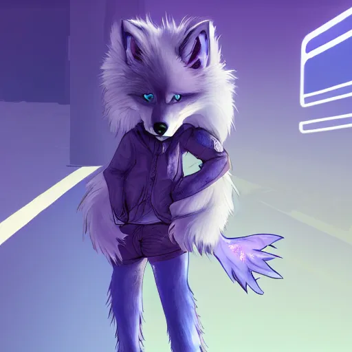 Image similar to an anthro anthropomorphic furry fursona hybrid of a blue german shepherd and a blue fox, with blue fur and blue eyes in a cyberpunk outfit, walking in cyberpunk neon streets, award winning digital art, trending on furaffinity, artstation, pixiv