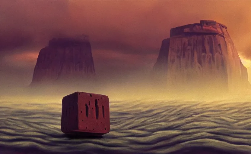 Image similar to hyperrealist painting of an giant cube from independence day ( 1 9 9 6 ) in a flooded monument valley stonehenge. 1 9 7 0 s science fiction, moody, misty, depth perception, 4 k, artstation, in the style of studio ghibli