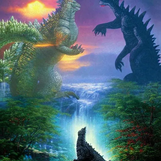 godzilla in an enchanted forest, by thomas kinkade | Stable Diffusion