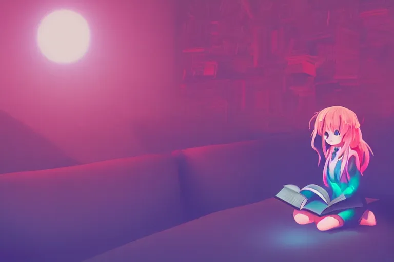 Image similar to a cute anime girl reading a book on a cloud relaxing by aoshima, chiho, misty, glows, digital art, hazy, foggy, ambient lighting, 8 k, neon, synthwave,