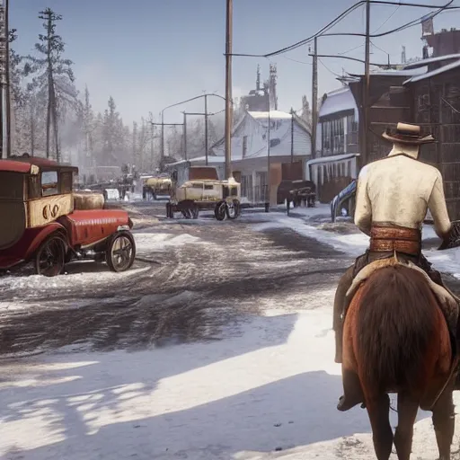 Image similar to arthur from rdr 2 high detailed face in russia reality 2 0 2 0 at russia, tolyatti sportivnaia street 7, cars, snow, buildings photorealism