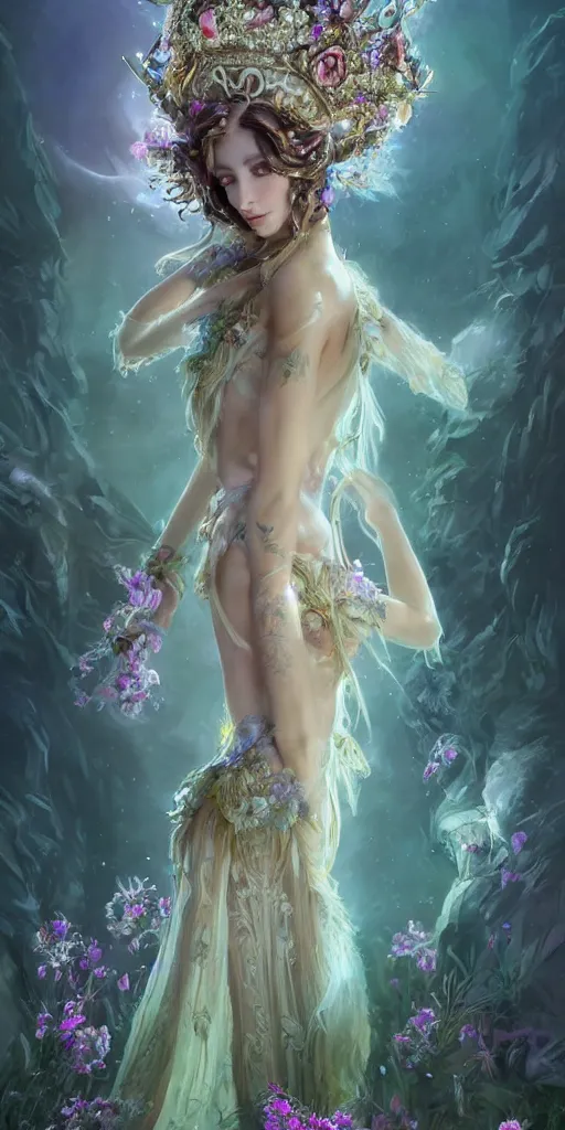 Prompt: A beautiful fantasy empress, full body, just one head, flower tiara, long hair, wearing dramatic aristocrat robe, delicate figure, field of fantasy flowers, many foxes and deer, fractal crystal, epic composition, ultra wide-shot, dynamic pose, concept art, dramatic lighting, digital painting, smooth, character design, sharp focus, elegant, intricate, trending on artstation, by WLOP and James Jean and Victo Ngai