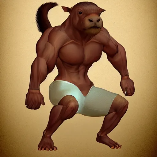 Prompt: a muscular humanoid capybara man posing and flexing his muscles, trending on artstation, centered